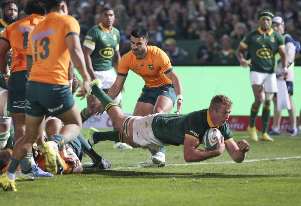 Pieter Steph du Toit of South Africa scores try during the 2023 Rugby Championship between South Africa and Australia at Loftus Stadium, Pretoria on 08 July 2023 ©Gavin Barker/BackpagePix
