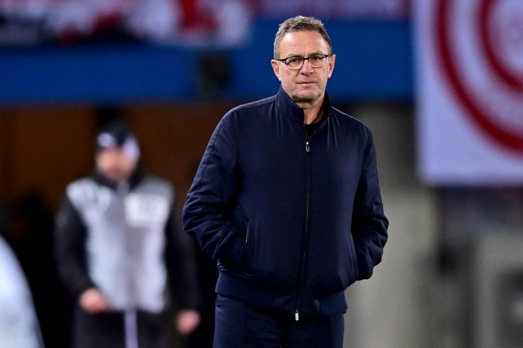 Austria's head coach Ralf Rangnick looks on during the international friendly soccer match between Austria and Germany.