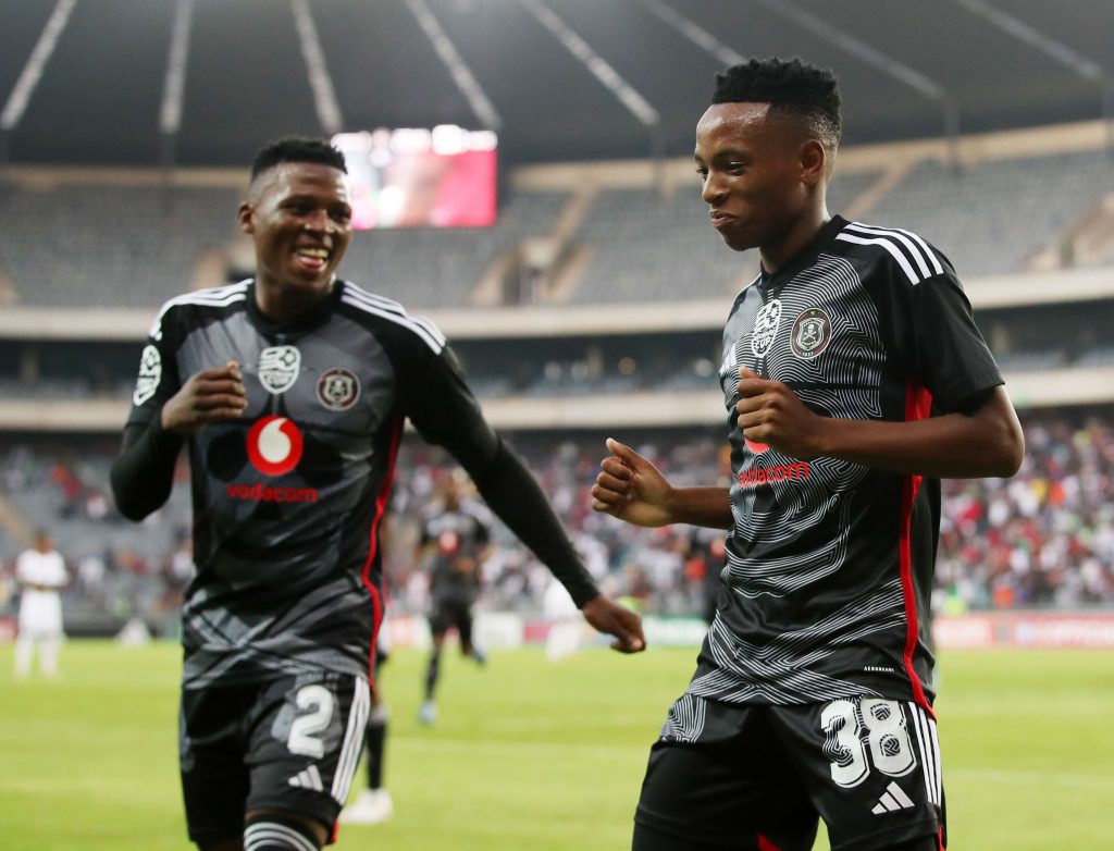 Relebohile Mofokeng of Orlando Pirates celebrates goal with teammates during the 2024 Nedbank Cup match between Orlando Pirates and Hungry Lions at the Orlando Stadium, Soweto on the 16 March 2024