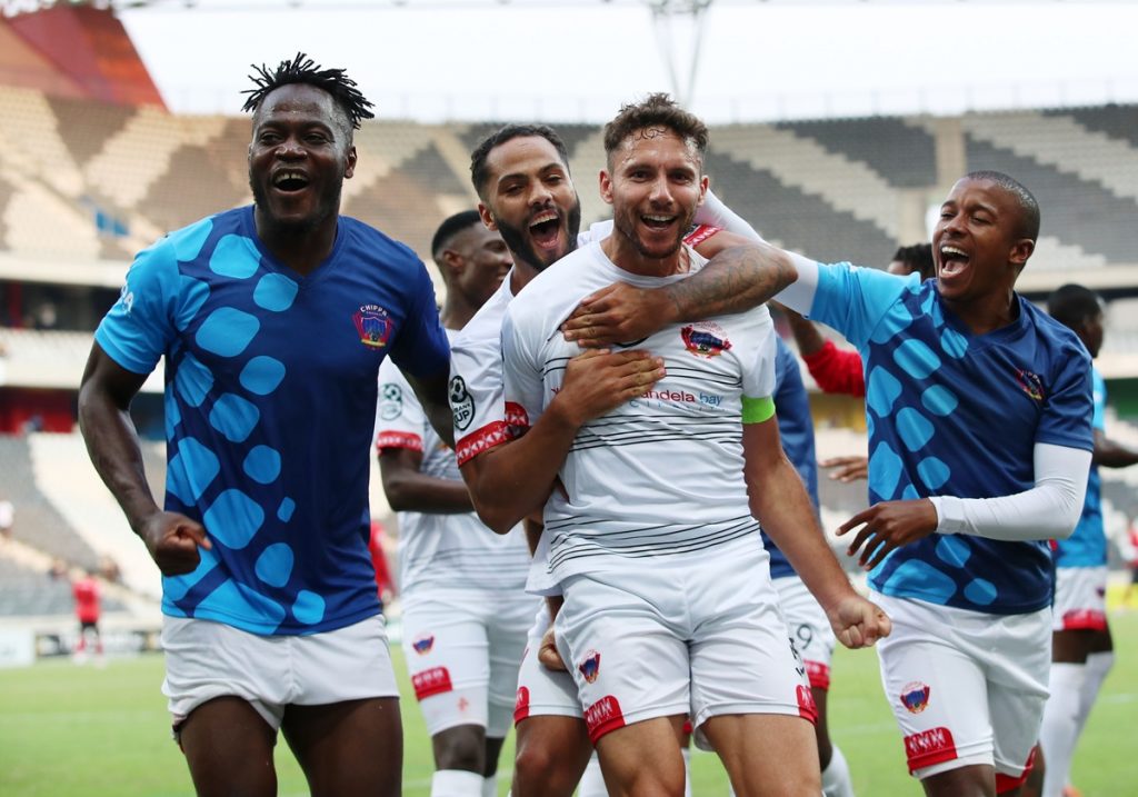 Roscoe Pietersen of Chippa United celebrates goal with teammates during the 2024 Nedbank Cup Quarterfinal match between TS Galaxy and Chippa United at the Mbombela Stadium.