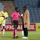 Rulani Mokwena, Head coach of Mamelodi Sundowns with Referee, Jelly Chavani during the DStv Premiership 2023/24 match between Moroka Swallows and Mamelodi Sundowns at the Dobsonville Stadium, Soweto on the 15 April 2024