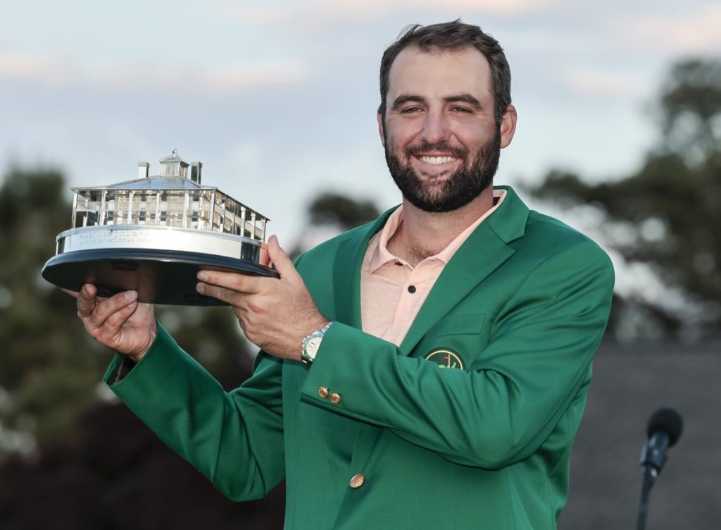 Golfer Scottie Scheffler of the US holds up his trophy after winning the Masters Tournament at the Augusta National Golf Club in Augusta.