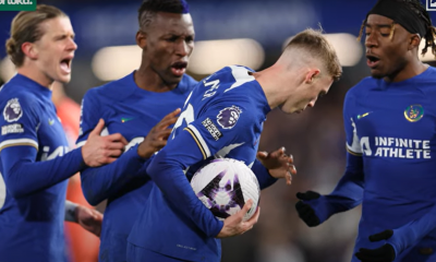 Chelsea attacker Cole Palmer involved in a heated exchange with Noni Madueke and Nicolas Jackson.