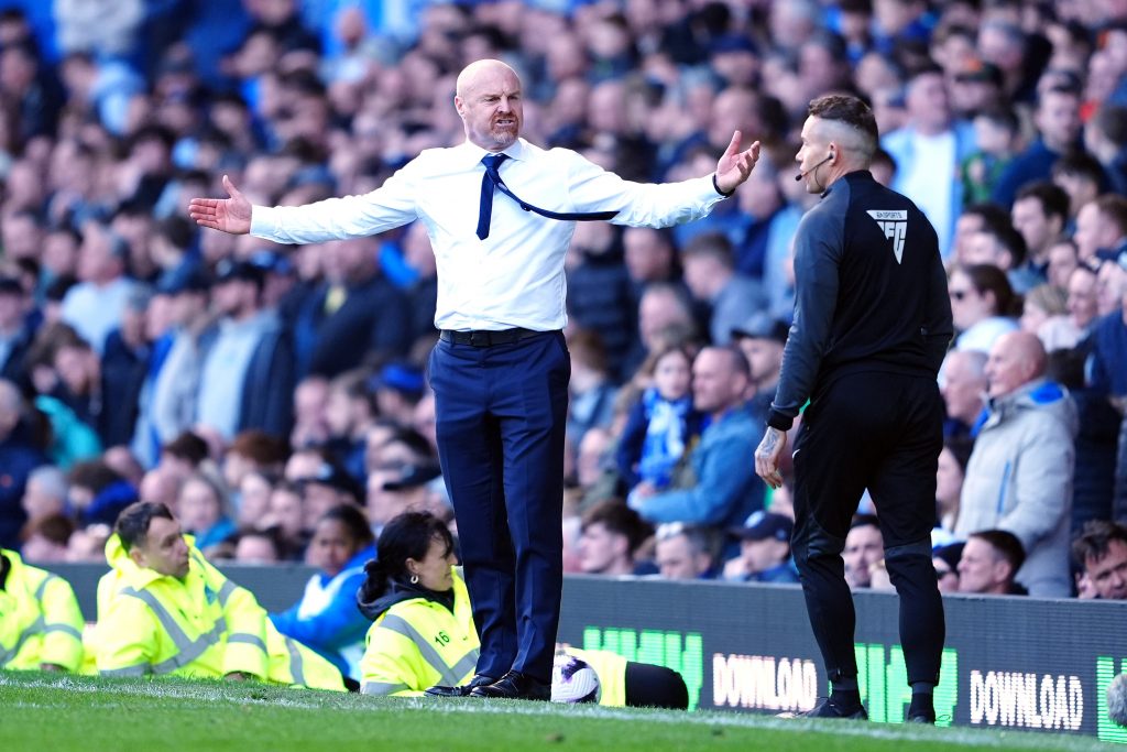 Everton manager Sean Dyche (left) reacts during the Premier League match at Goodison Park, Liverpool.