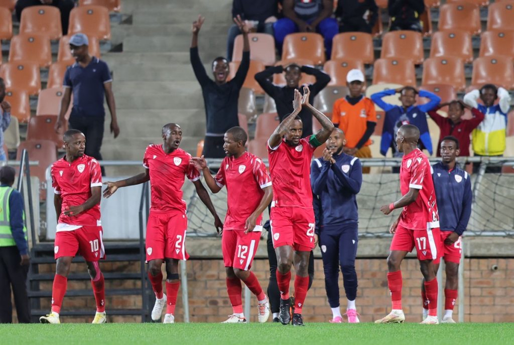 Vusimuzi Mncube of Sekhukhune United celebrates goal with teammates during the DStv Premiership 2023/24 match between Sekhukhune United and Orlando Pirates at Peter Mokaba Stadium.