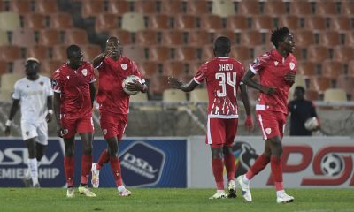 Chibuike Ohizu of Sekhukhune United FC celebrates goal during DStv Premiership 2023/24 match between Sekhukhune United FC and Stellenbosch FC at Peter Mokaba Stadium.
