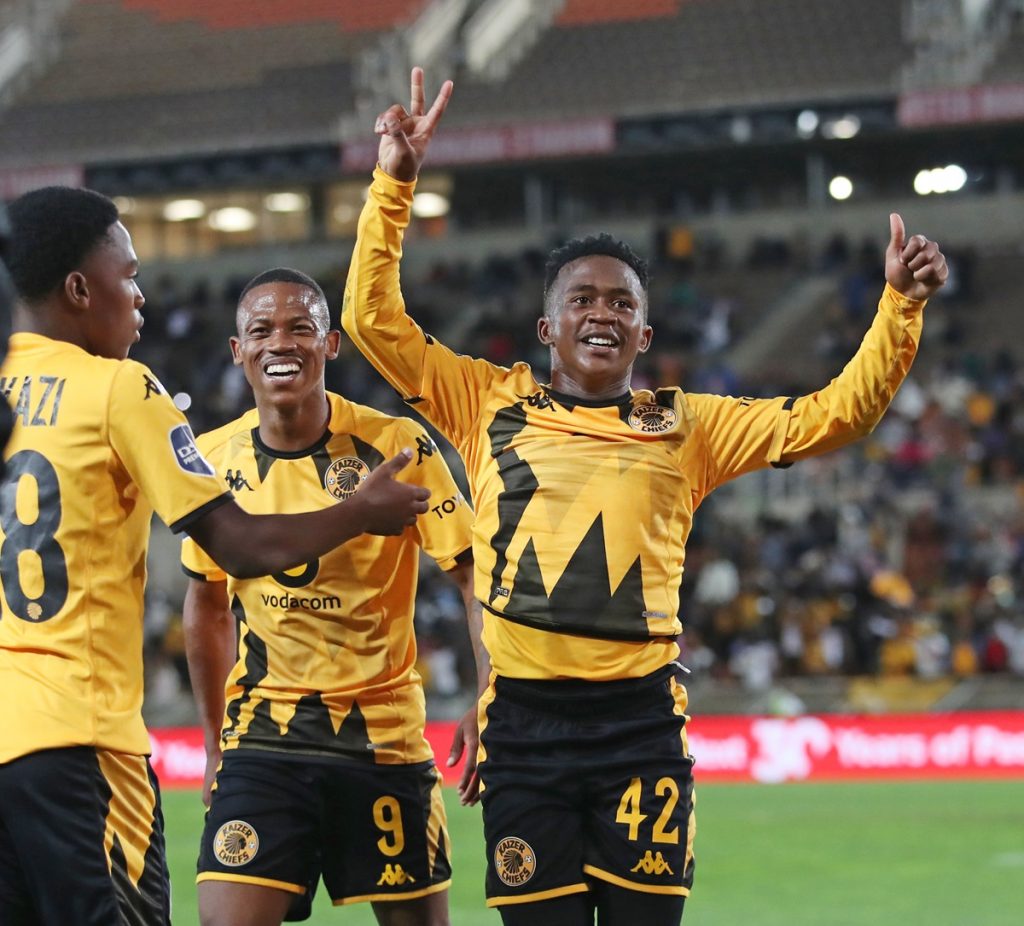 Mduduzi Shabalala of Kaizer Chiefs celebrates goal with teammates during the DStv Premiership 2023/24 match between Kaizer Chiefs and Supersport United at the Peter Mokaba Stadium.