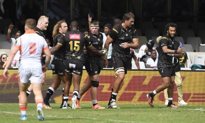 James Venter of Sharks celebrates a try during 2023/24 EPCR Challenge Cup rugby match between Sharks and Edinburgh at Hollywoodbets Kings Park Stadium.