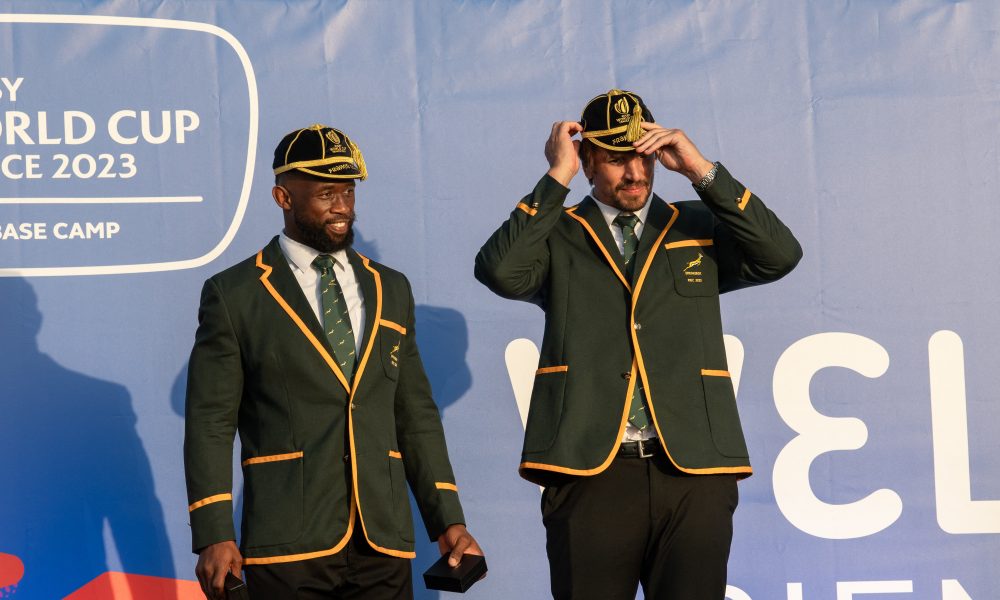 Siya Kolisi and Eben Etzebeth of the South African rugby team (Springboks) at the ceremony to welcome the 2023 Rugby World Cup in Toulon, France, on September 4, 2023. Rugby World Cup - South African Team Welcome - Toulon, France - 04 Sep 2023