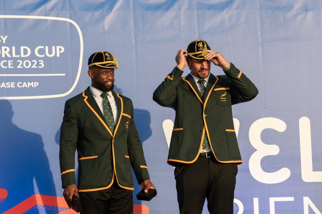 Siya Kolisi and Eben Etzebeth of the South African rugby team (Springboks) at the ceremony to welcome the 2023 Rugby World Cup in Toulon, France, on September 4, 2023. Rugby World Cup - South African Team Welcome - Toulon, France - 04 Sep 2023