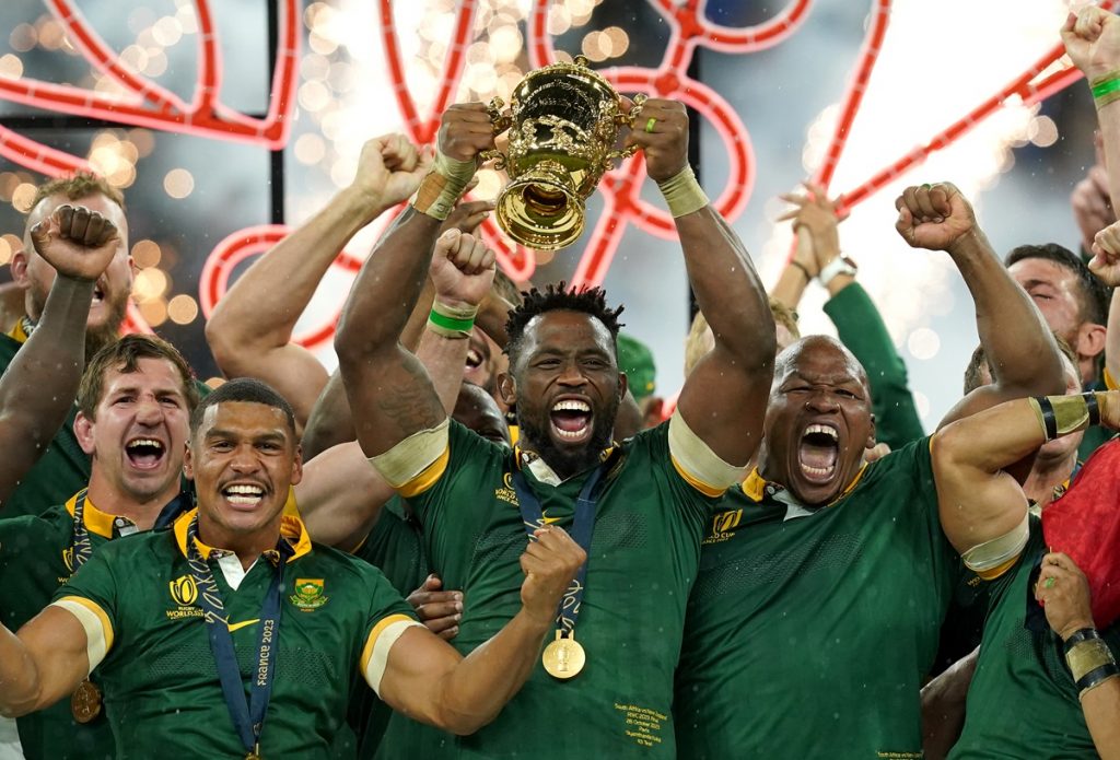 South Africa's Siya Kolisi lifts the Webb Ellis Cup with team-mates following victory in the Rugby World Cup 2023 final match at the Stade de France in Paris, France. Picture date: Saturday October 28, 2023.