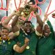 South Africa's Siya Kolisi lifts the Webb Ellis Cup with team-mates following victory in the Rugby World Cup 2023 final match at the Stade de France in Paris, France. Picture date: Saturday October 28, 2023.