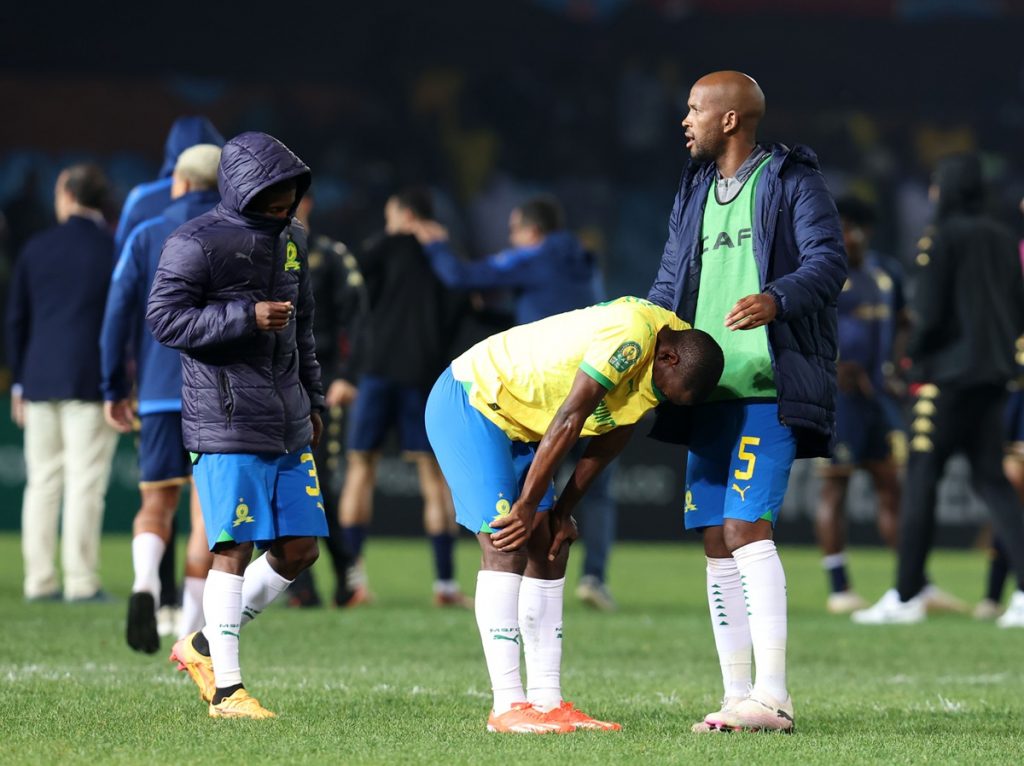 Aubrey Modiba of Mamelodi Sundowns reacts in disappointment after defeat during the CAF Champions League 2023/24 Semifinals 2nd leg match between Memelodi Sundowns and Esperance Tunis at the Loftus Stadium.