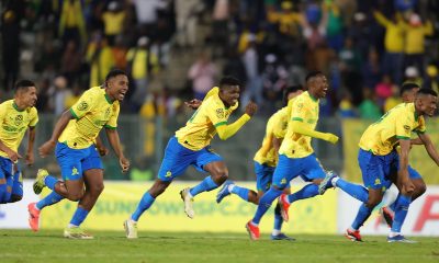 Mamelodi Sundowns celebrate victory during the 2024 Nedbank Cup Last 8 match between the University of Pretoria and Mamelodi Sundowns at Loftus Versfeld Stadium.