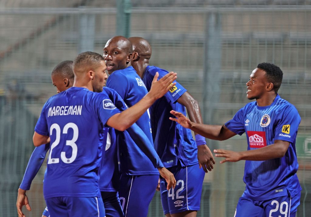 Etiosa Ighodaro of Supersport United celebrates goal with teammates during the DStv Premiership 2023/24 match between Supersport United and Polokwane City at Lucas Moripe Stadium.