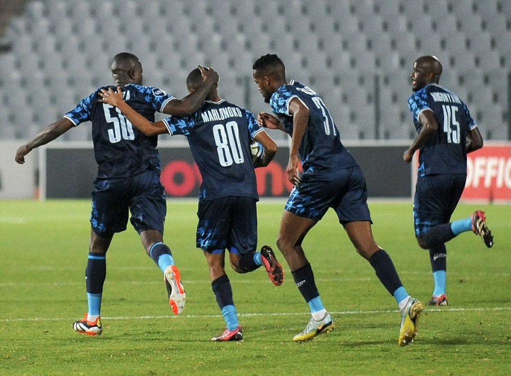 Augustine Mahlonoko of Moroka Swallows celebrates goal with teammates during the DStv Premiership 2023/24 match between Moroka Swallows and Mamelodi Sundowns at Dobsonville Stadium.