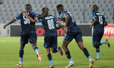 Augustine Mahlonoko of Moroka Swallows celebrates goal with teammates during the DStv Premiership 2023/24 match between Moroka Swallows and Mamelodi Sundowns at Dobsonville Stadium.
