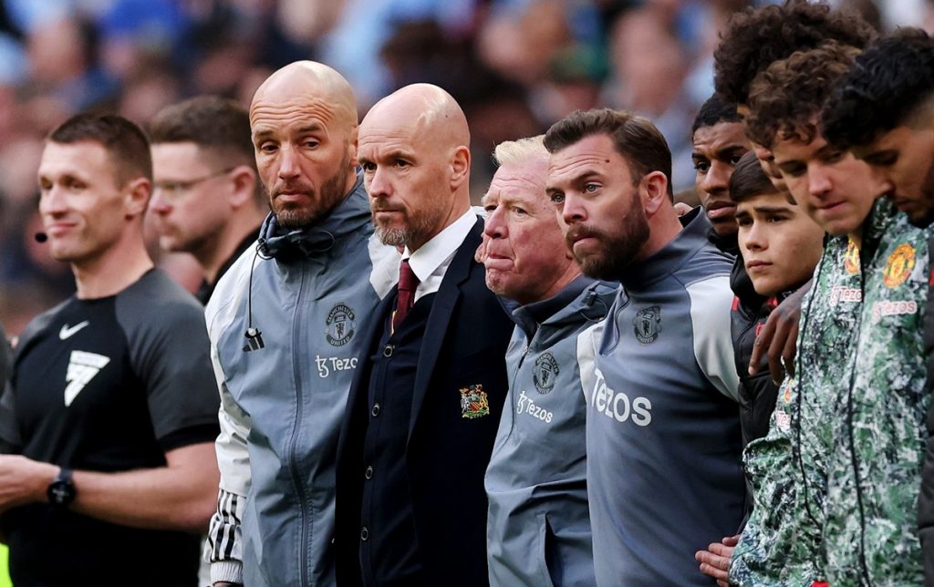 Manchester United manager Eric Ten Hag looks on during the penalty shoot out of the FA Cup semi-final soccer match Coventry City against Manchester United at Wembley in London, Britain, 21 April 2024. United won 4-2 on penalty kicks after extra time. EPA/ANDY RAIN EDITORIAL USE ONLY. No use with unauthorized audio, video, data, fixture lists, club/league logos, 'live' services or NFTs. Online in-match use limited to 120 images, no video emulation. No use in betting, games or single club/league/player publications.