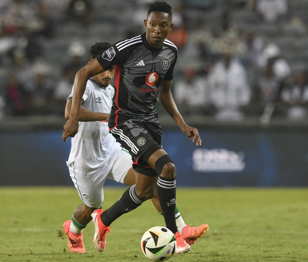 Thalente Mbatha of Orlando Pirates challenged by Ethan Brooks of AmaZulu FC during DStv Premiership 2023/24 match between Orlando Pirates and AmaZulu FC at Orlando Stadium on the 20 April 2024