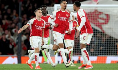 Leandro Trossard (L) of Arsenal celebrates with teammates after scoring his team's second goal during the UEFA Champions League quarter-finals, 1st leg soccer match between Arsenal FC and FC Bayern Munich at the Emirates Stadium.