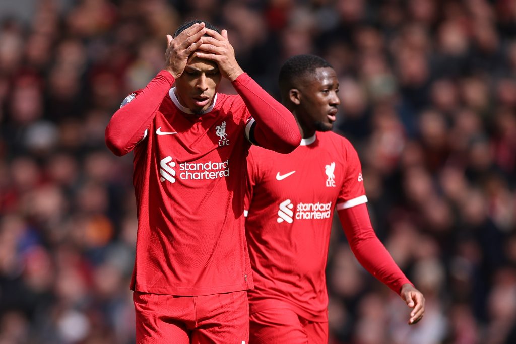 Virgil van Dijk of Liverpool reacts during the English Premier League soccer match between Liverpool FC and Crystal Palace FC in Liverpool, Britain, 14 April 2024.