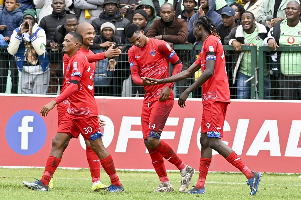 Chippa players celebrate their second goal during the DStv Premiership 2023/24 football match between Chippa United and Kaizer Chiefs at Buffalo City Stadium on 6 April 2024