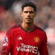 epa11209194 Raphaël Varane of Manchester United looks on during the English Premier League match between Manchester United and Everton FC, at Old Trafford, Manchester, Britain, 09 March 2024.
