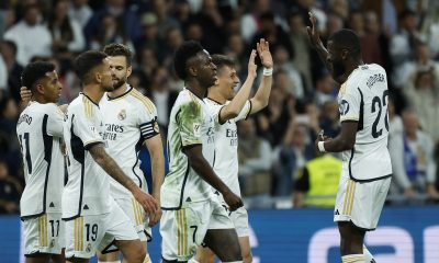 epa11340900 Real Madrid's Arda Guler (2R) celebrates with his teammates after scoring the 5-0 goal during the Spanish LaLiga soccer match between Real Madrid and Deportivo Alaves, in Madrid, Spain, 14 May 2024.