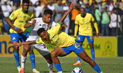 Lucas Rebeiro Costa of Mamelodi Sundowns is challenged by Jayden Adams of Stellenbosch FC during the 2024 Nedbank Cup semifinal between Stellenbosch FC and Mamelodi Sundowns at Danie Craven Stadium.