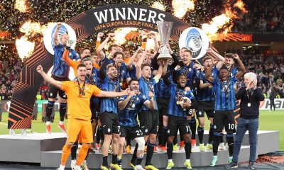 Players of Atalanta celebrate with the trophy after winning the UEFA Europa League Final.