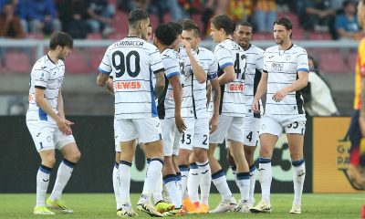 Atalanta's Charles De Ketelaere is celebrated by teammates after scoring the 0-1 goal during the Italian Serie A soccer match of US Lecce against Atalanta.