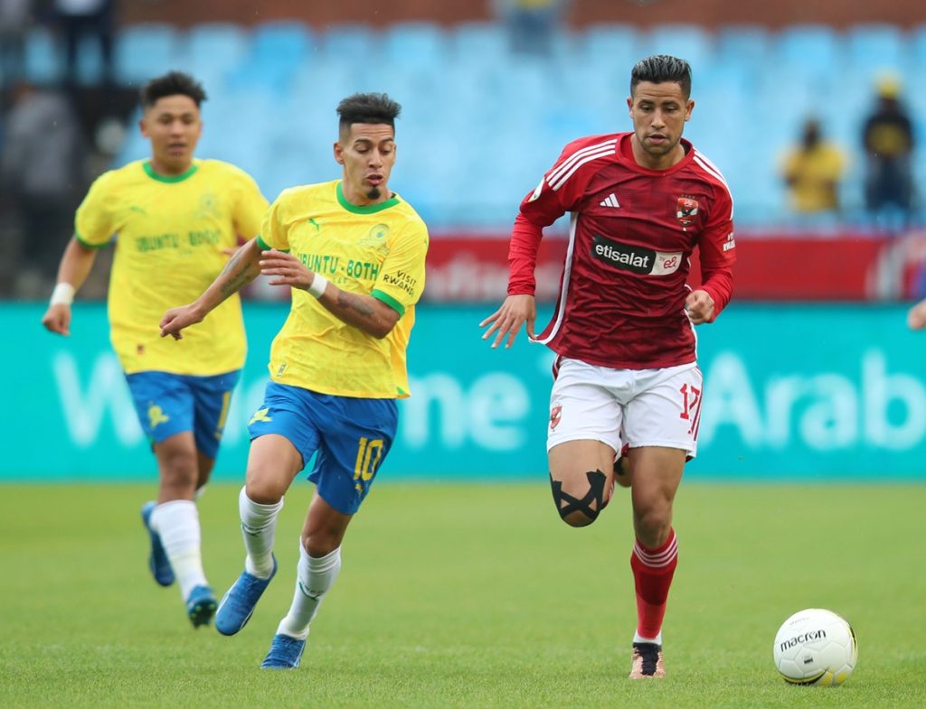 Reda Slim of Al Ahly challenged by Gaston Sirino of Mamelodi Sundowns during the African Football League 2023 match between Mamelodi Sundowns and Al Ahly at the Loftus Stadium, Pretoria on the 29 October 2023