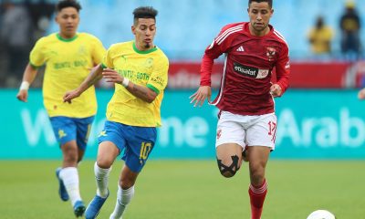 Reda Slim of Al Ahly challenged by Gaston Sirino of Mamelodi Sundowns during the African Football League 2023 match between Mamelodi Sundowns and Al Ahly at the Loftus Stadium, Pretoria on the 29 October 2023