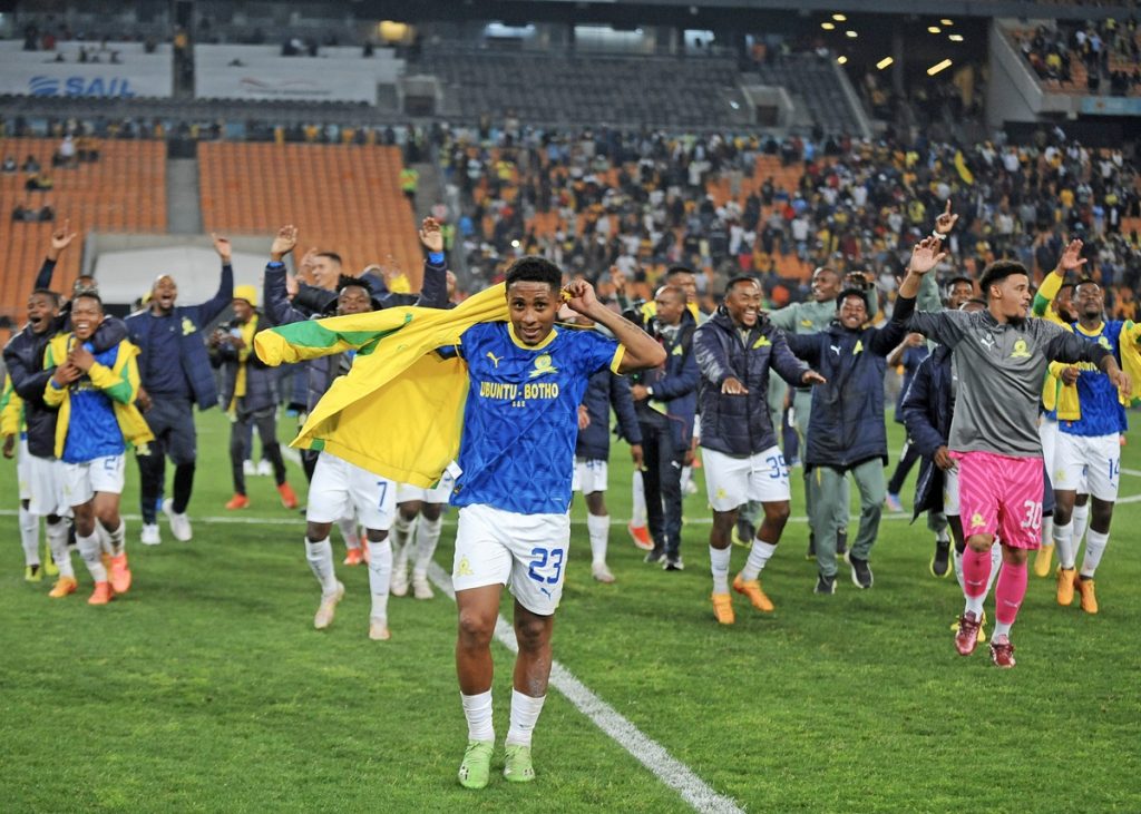 Lucas Ribeiro Costa of Mamelodi Sundowns celebrates victory with team during the DStv Premiership 2023/24 match between Kaizer Chiefs and Mamelodi Sundowns at the FNB Stadium, Johannesburg on the 02 May 2024