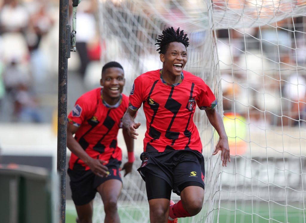 Sphiwe Mahlangu of TS Galaxy celebrates goal with Puso Dithejane of TS Galaxy during the DStv Premiership 2023/24 match between TS Galaxy and Orlando Pirates at Mbombela Stadium in Nelspruit on 18 May 2024