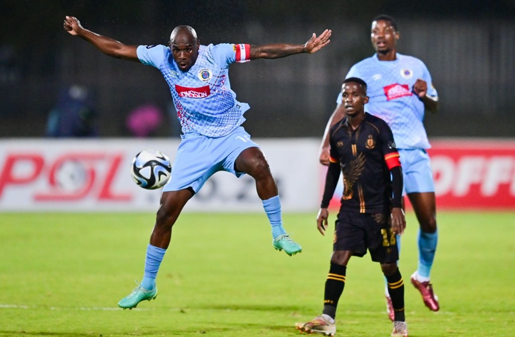 Onismor Bhasera, Captain of Supersport United during the DStv Premiership 2023/24 game between Royal AM and Supersport United at Harry Gwala Stadium.
