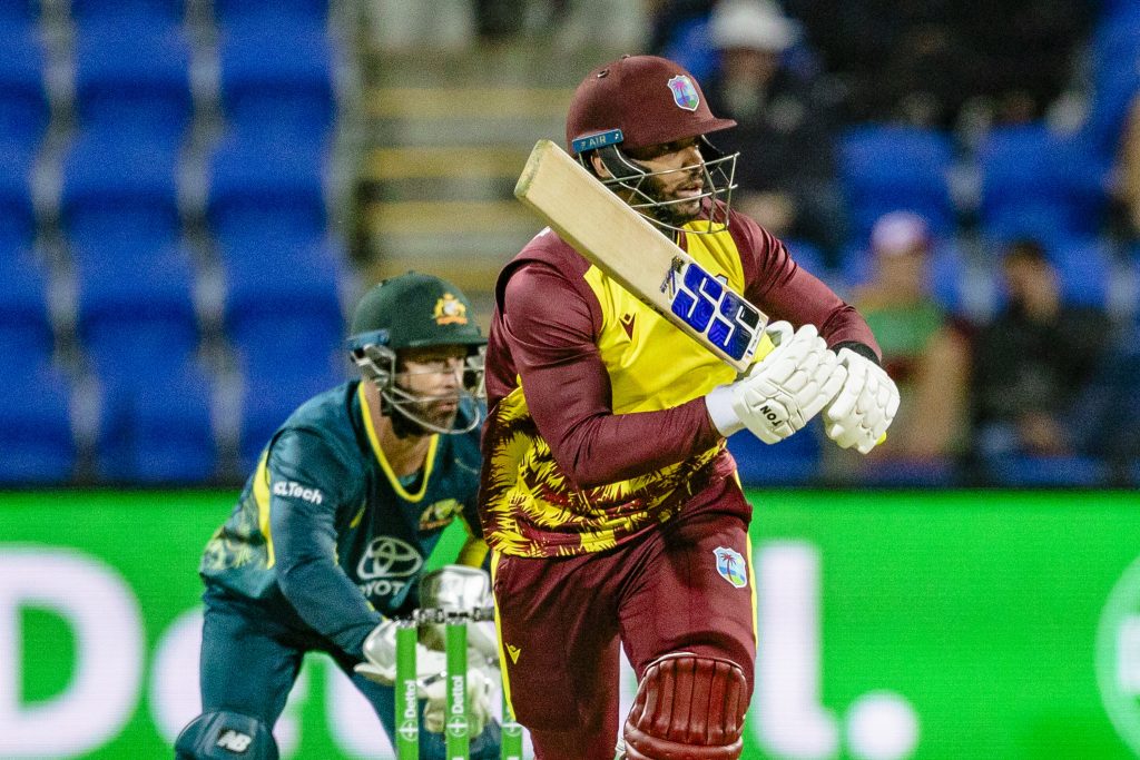 Brandon King batting for the West Indies during the 1st T20I between Australia and the West Indies in Hobart, Australia, 09 February 2024.