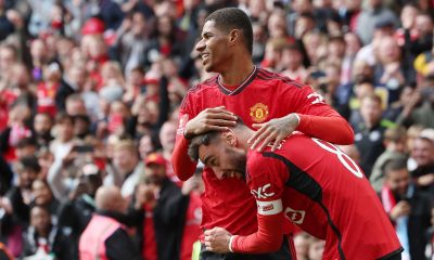 Manchester United’s Bruno Fernandes (R) celebrates with team mate Marcus Rashford (L) after scoring the 3-0 lead during the FA Cup semi-final soccer match Coventry City against Manchester United at Wembley in London, Britain, 21 April 2024.