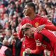 Manchester United’s Bruno Fernandes (R) celebrates with team mate Marcus Rashford (L) after scoring the 3-0 lead during the FA Cup semi-final soccer match Coventry City against Manchester United at Wembley in London, Britain, 21 April 2024.