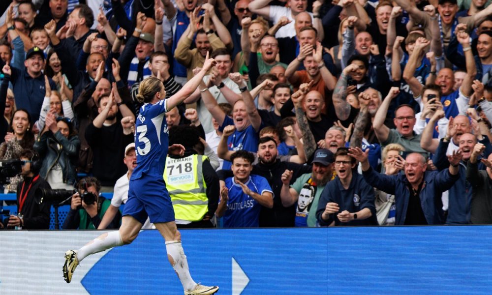 Conor Gallagher of Chelsea celebrates after scoring 2-0 goal during the English Premier League soccer match between Chelsea FC and West Ham United at Stamford Bridge.