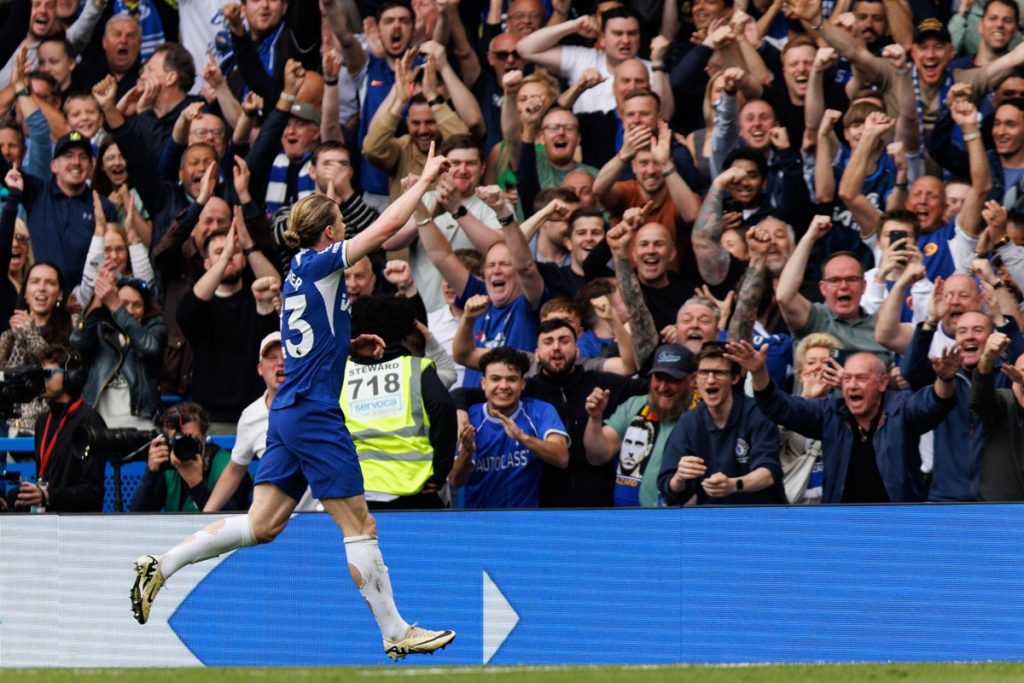 Conor Gallagher of Chelsea celebrates after scoring 2-0 goal during the English Premier League soccer match between Chelsea FC and West Ham United at Stamford Bridge.