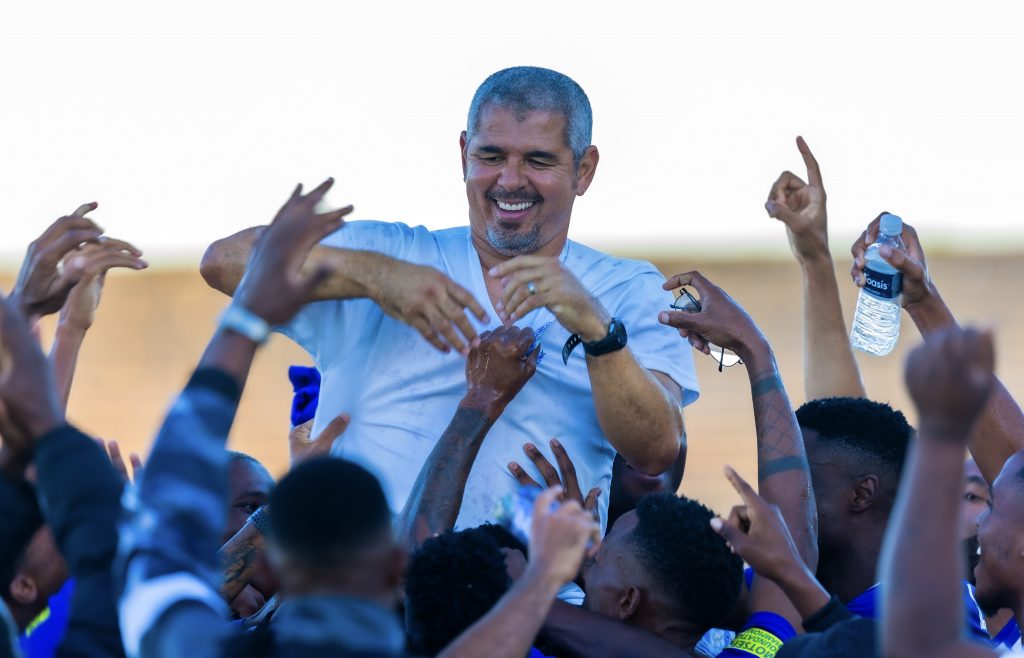 Clinton Larsen, head coach of Magesi FC lifted by players after victory during the Motsepe Foundation Championship 2023/24 match between Magesi FC and Milford FC at Peter Mokaba Stadium in Polokwane on 5 May 2024