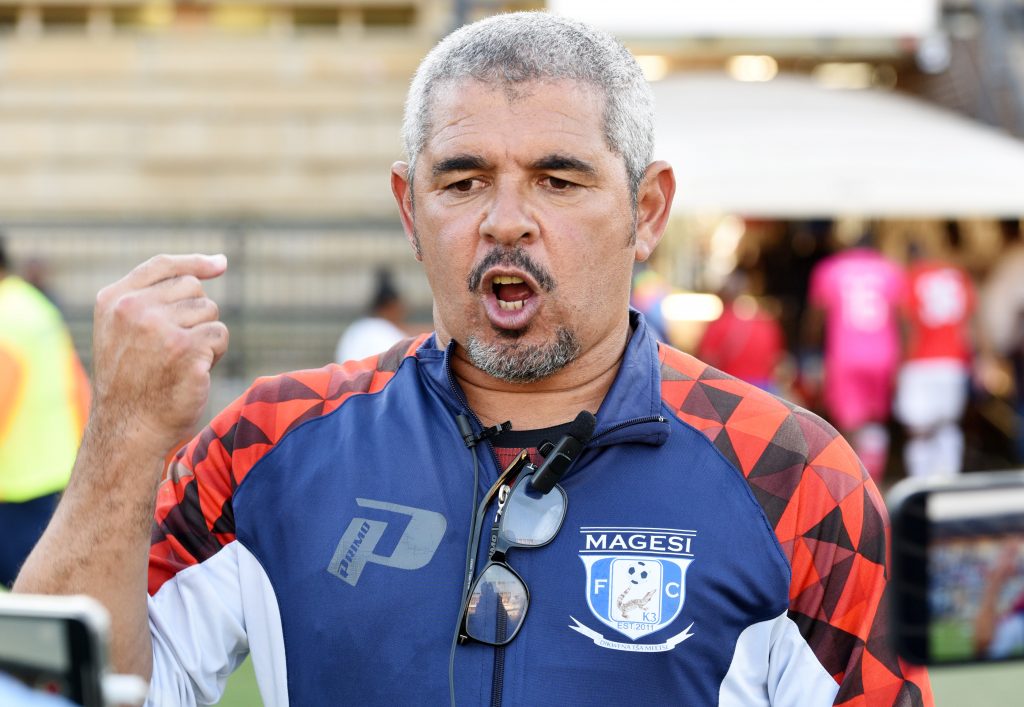 Clinton Larsen, head coach of Magesi FC celebrates goal with team players during the Motsepe Foundation Championship 2023/24 match between University of Pretoria and Magesi FC at Tuks Stadium in Pretoria on 20 April 2024