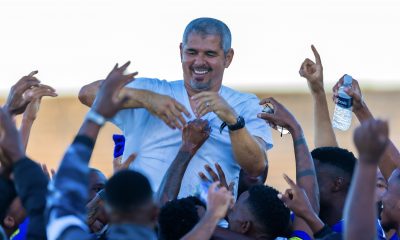 Clinton Larsen, head coach of Magesi FC lifted by players after victory during the Motsepe Foundation Championship 2023/24 match between Magesi FC and Milford FC at Peter Mokaba Stadium in Polokwane on 5 May 2024
