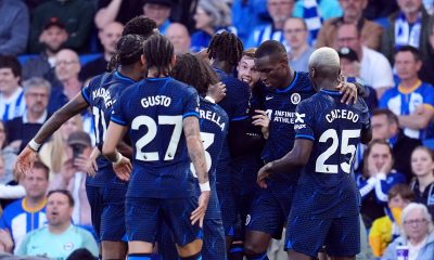 Chelsea's Cole Palmer (centre) celebrates scoring their side's first goal of the game during the Premier League match at the Amex Stadium, Brighton and Hove.