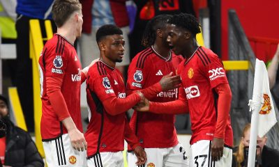 Amad Diallo (2L) of Manchester United celebrates with teammates after scoring his team's second goal during the English Premier League soccer match between Manchester United and Newcastle United in Manchester, Britain, 15 May 2024. EDITORIAL USE ONLY. No use with unauthorized audio, video, data, fixture lists, club/league logos, 'live' services or NFTs. Online in-match use limited to 120 images, no video emulation. No use in betting, games or single club/league/player publications.