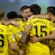 Mats Hummels (C) of Dortmund celebrates with teammates after scoring the opening goal during the UEFA Champions League semi-finals, 2nd leg soccer match of Paris Saint-Germain against Borussia Dortmund.
