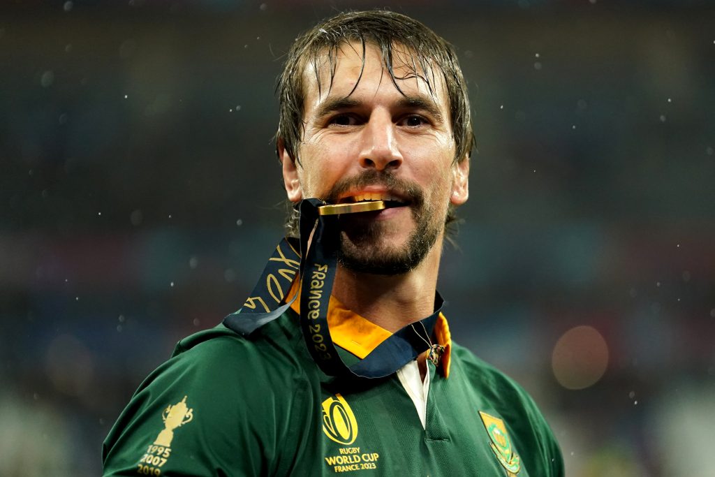 South Africa's Eben Etzebeth celebrates after winning the Rugby World Cup 2023 final match at the Stade de France in Paris, France.