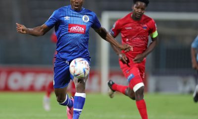 Etiosa Ighodaro of Supersport United challenged by Justice Chabalala of Chippa United during the DStv Premiership 2023/24 match between Supersport United and Chippa United at Lucas Moripe Stadium in Pretoria on 20 April 2024