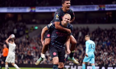 Manchester City's Erling Haaland celebrates scoring their side's second goal of the game with team-mate Rodri during the Premier League match at the Tottenham Hotspur Stadium.
